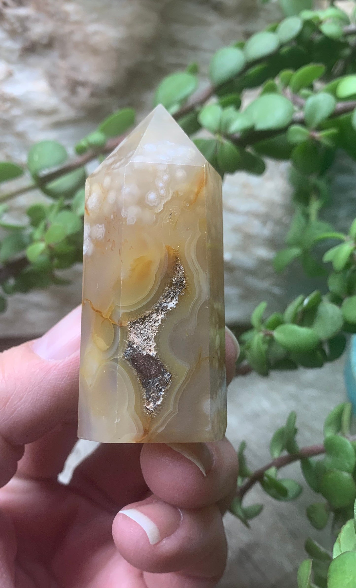 Flower Agate Obelisk, Peach Blossom Agate Stone. OBL-0301