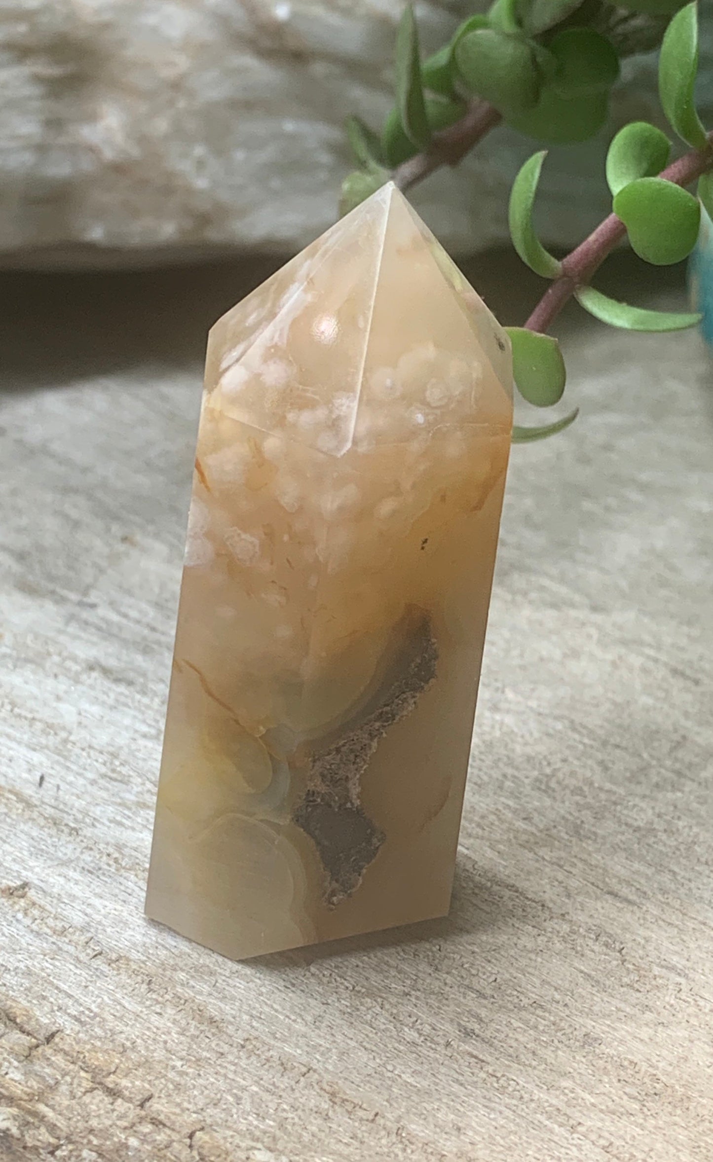 Flower Agate Obelisk, Peach Blossom Agate Stone. OBL-0301