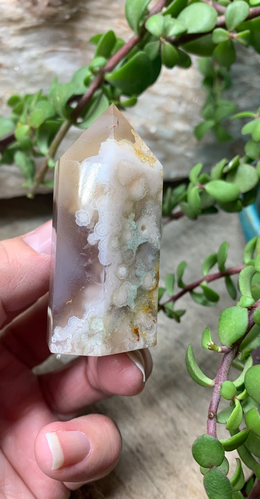 Flower Agate Obelisk, Peach Blossom Agate Stone. OBL-0290