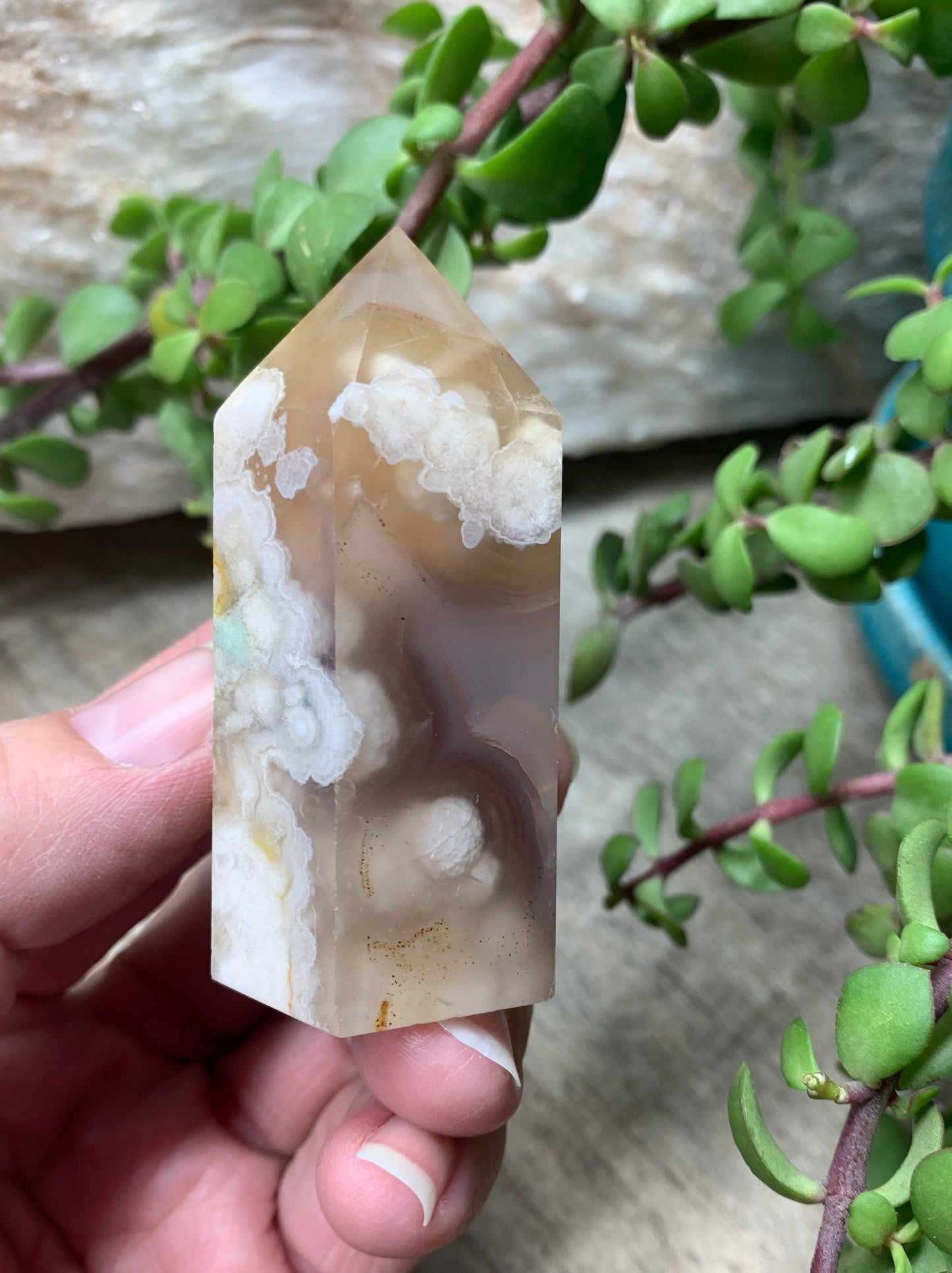 Flower Agate Obelisk, Peach Blossom Agate Stone. OBL-0290