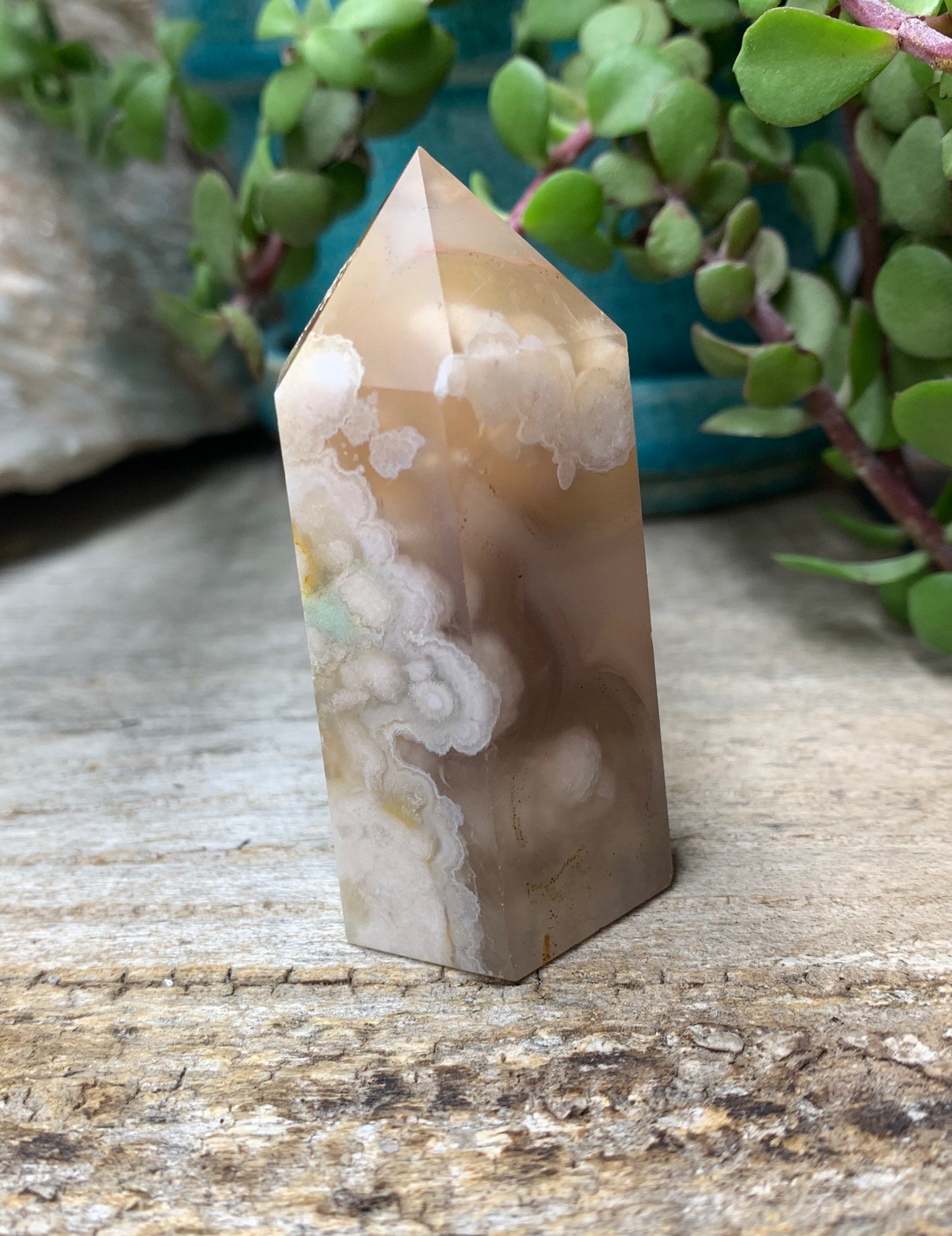 Flower Agate Obelisk, Peach Blossom Agate Stone. OBL-0290