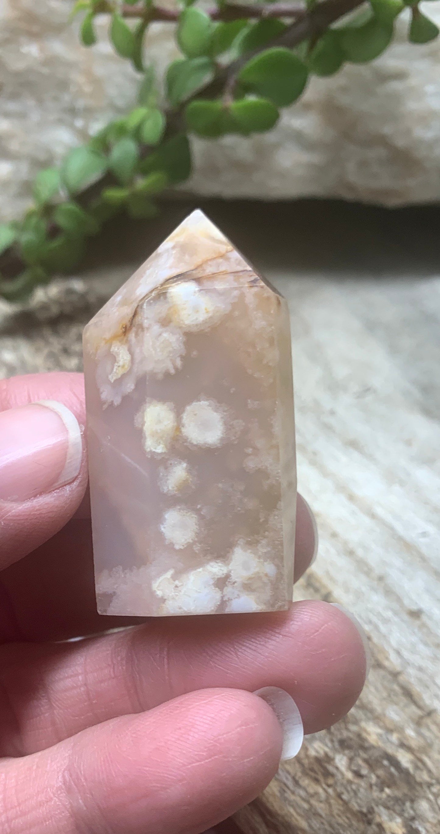 Flower Agate Obelisk, Peach Blossom Agate Stone. OBL-0311