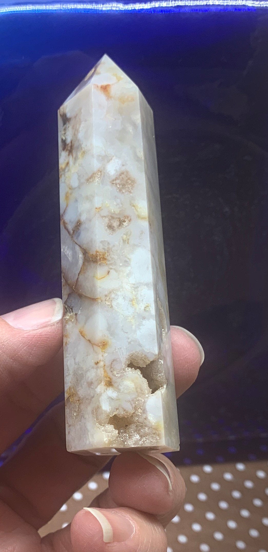 Flower Agate Obelisk, Peach Blossom Agate Stone. OBL-0310