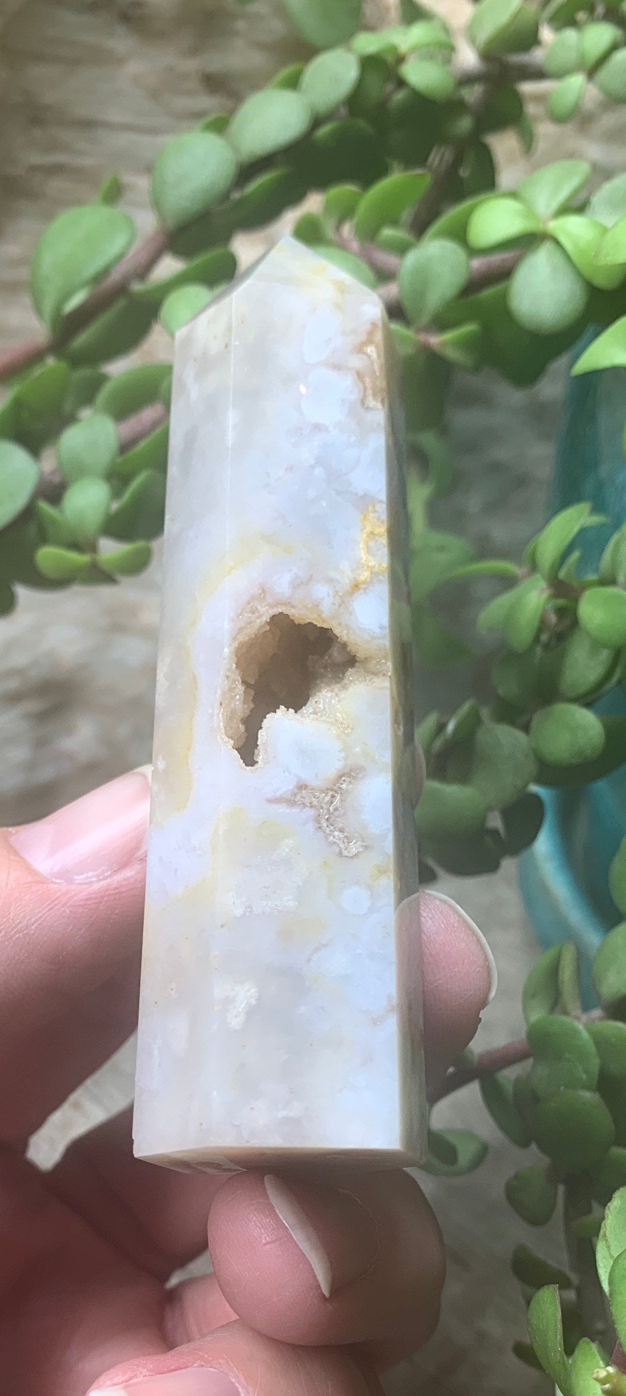 Flower Agate Obelisk, Peach Blossom Agate Stone. OBL-0310