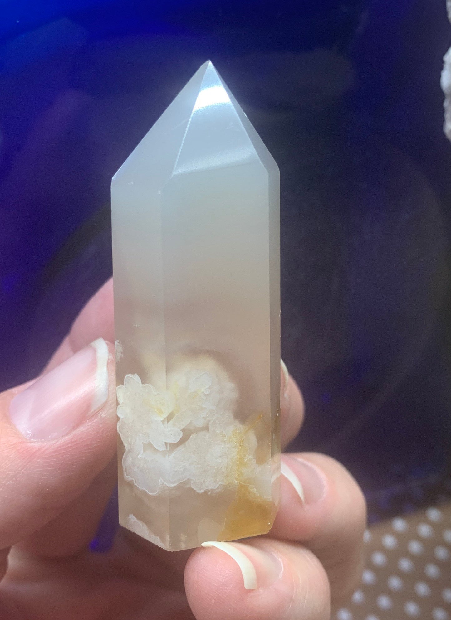 Flower Agate Obelisk, Peach Blossom Agate Stone. OBL-0313