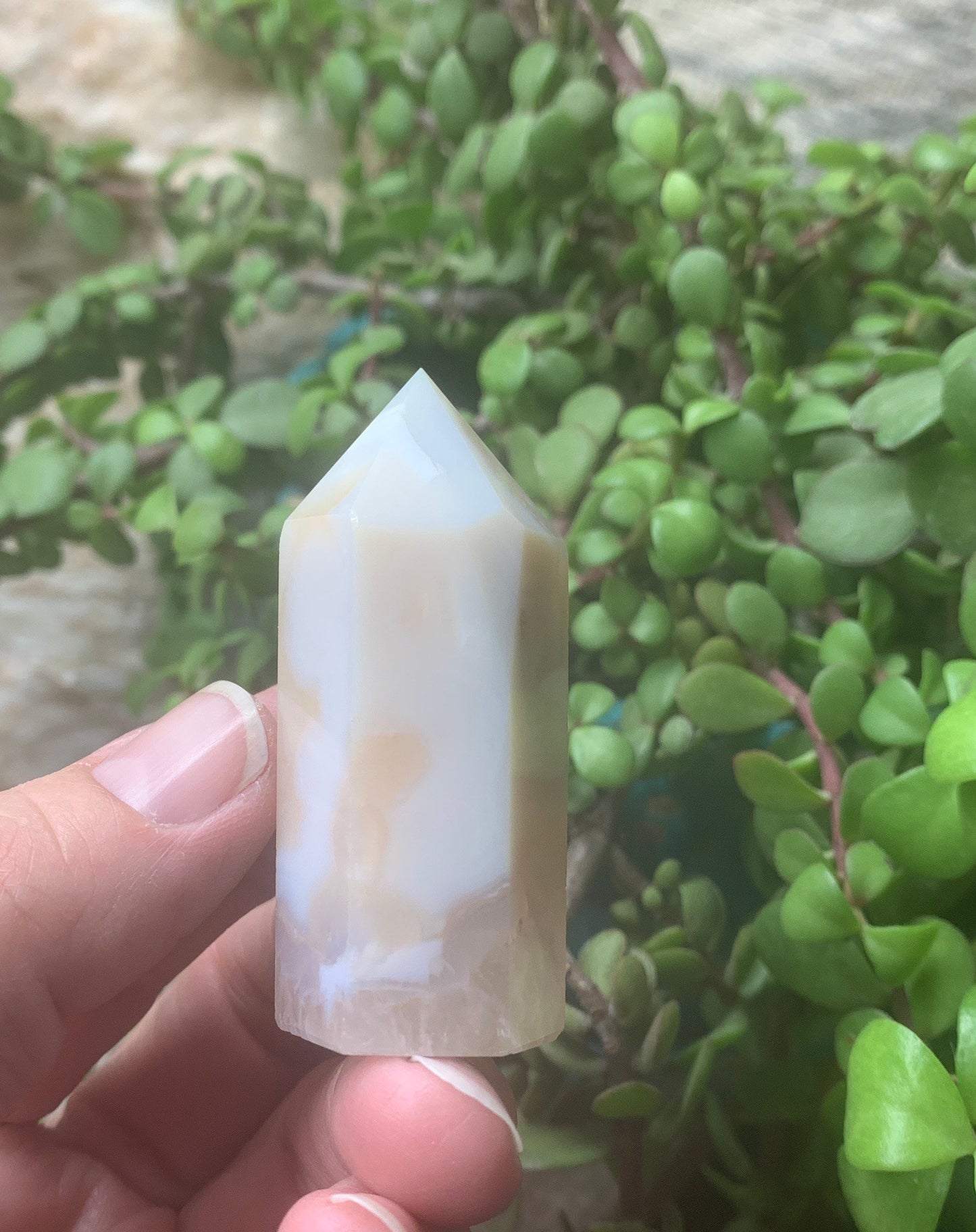 Flower Agate Obelisk, Peach Blossom Agate Stone. OBL-0324