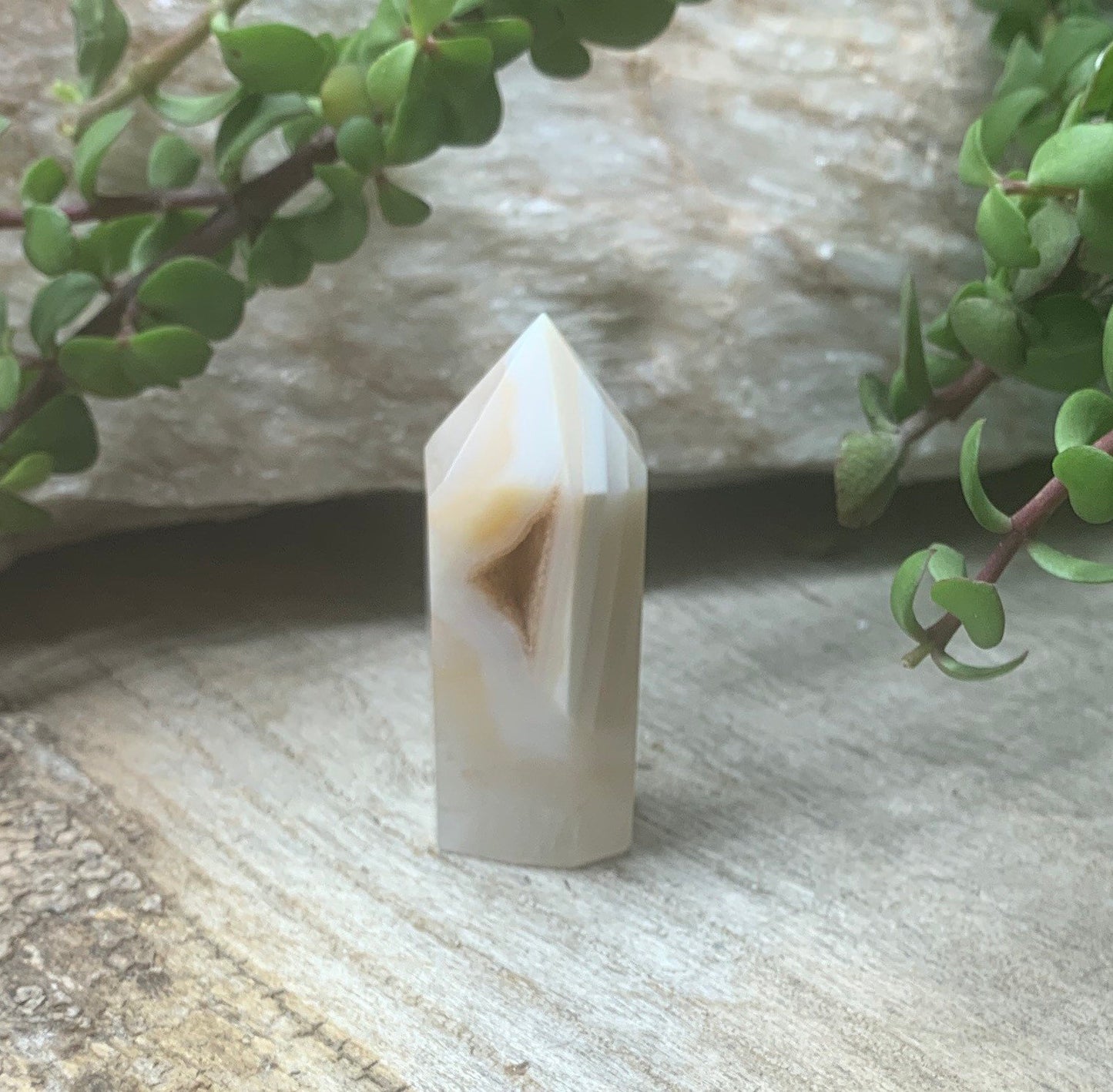 Flower Agate Obelisk, Peach Blossom Agate Stone. OBL-0324