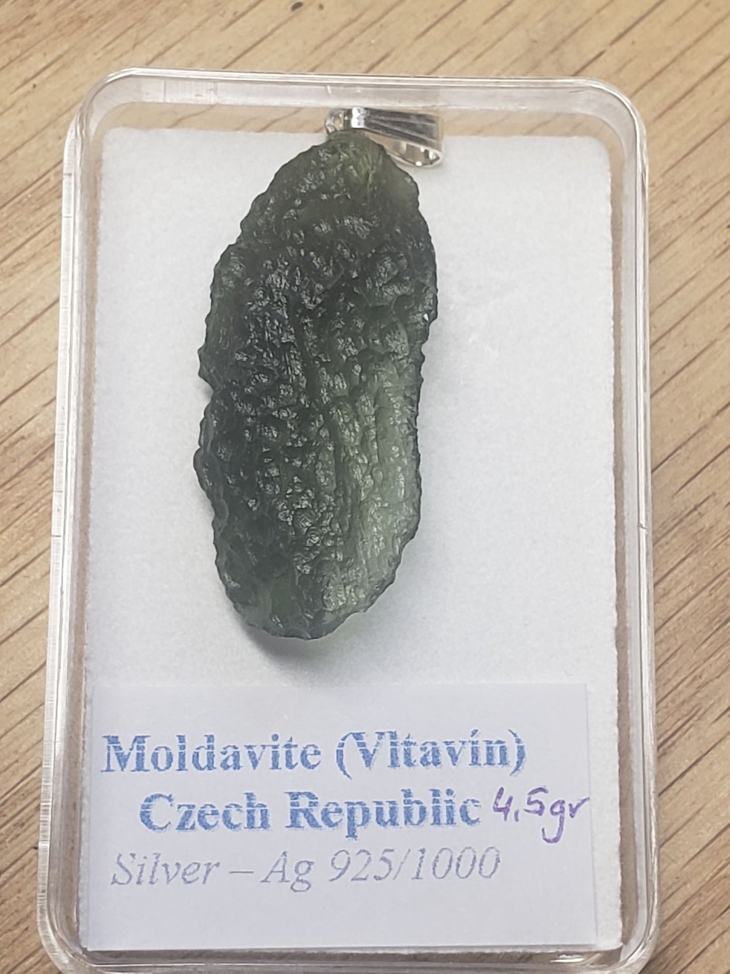 Naturally formed Moldavite from Czech Republic, (4.5 gr) One Crystal, Rough, with .925 silver bell MOL-0012