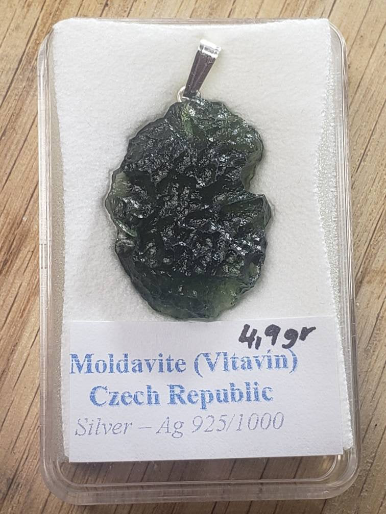 Naturally formed Moldavite from Czech Republic, (4.9 gr) One Crystal, Rough, with .925 silver bell MOL-0016