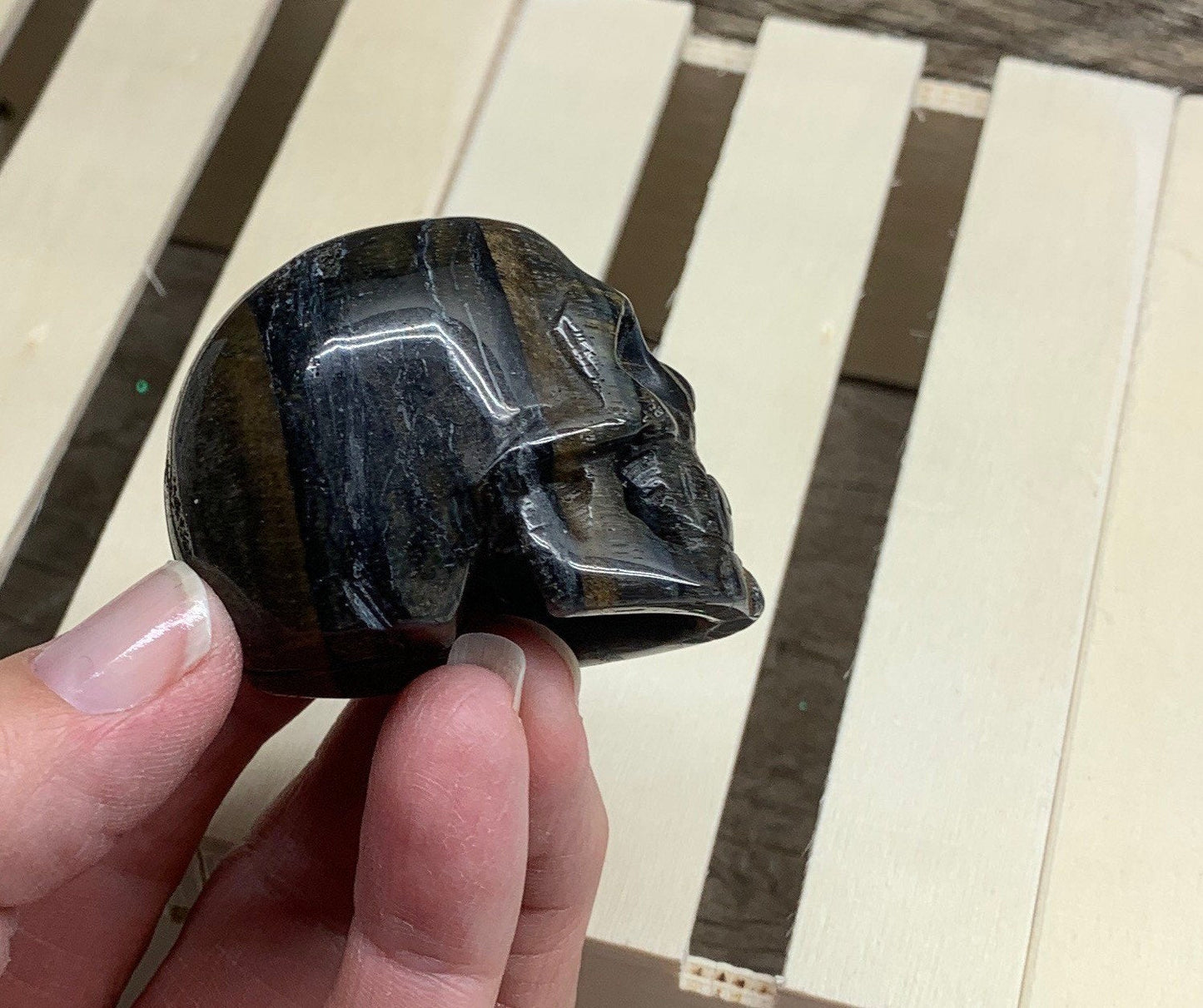 Blue Tigers Eye Carved Skull  FIG-0210