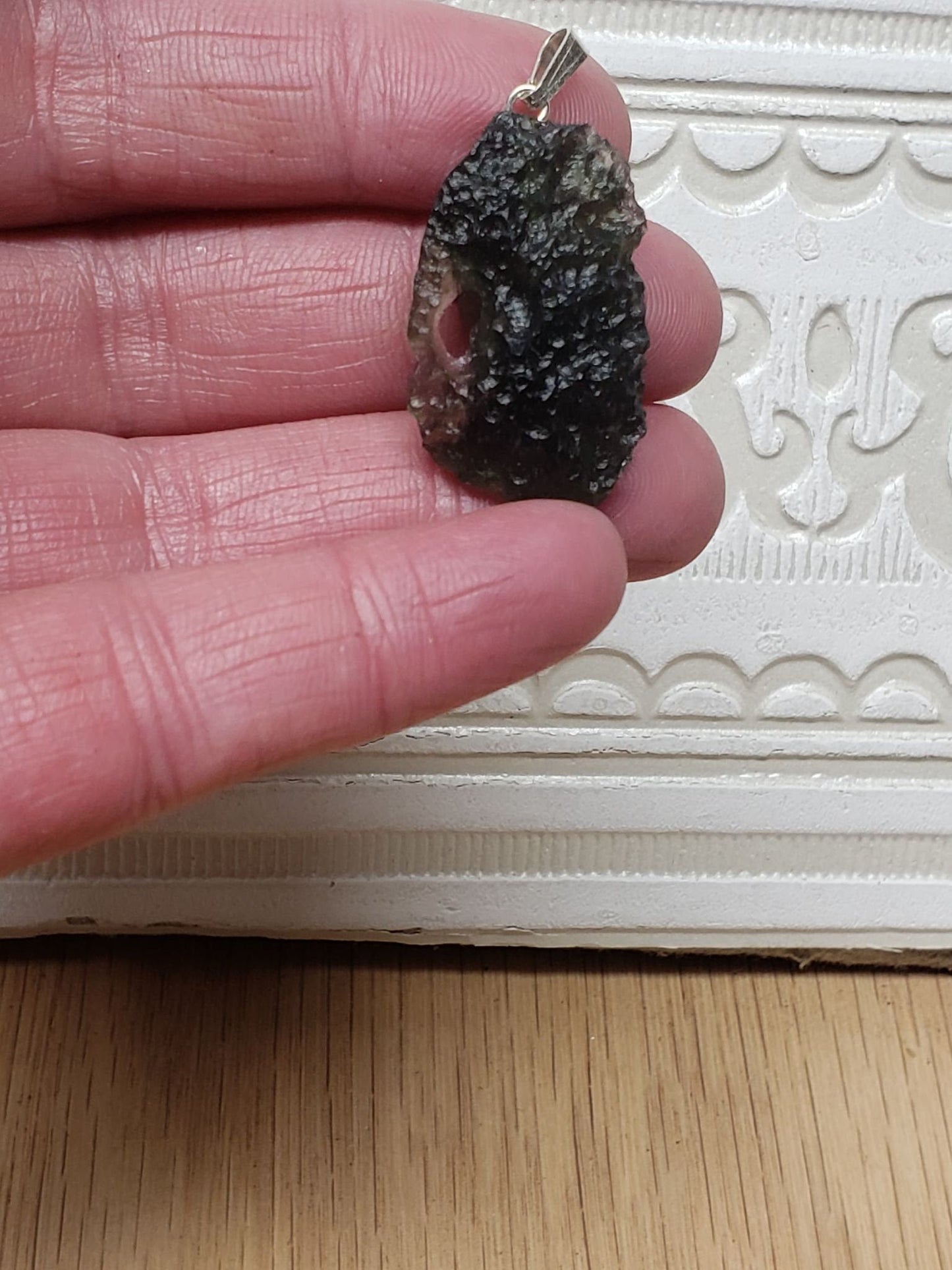 Naturally formed Moldavite from Czech Republic, (5 gr) One Crystal, Rough, with .925 silver bell MOL-0014