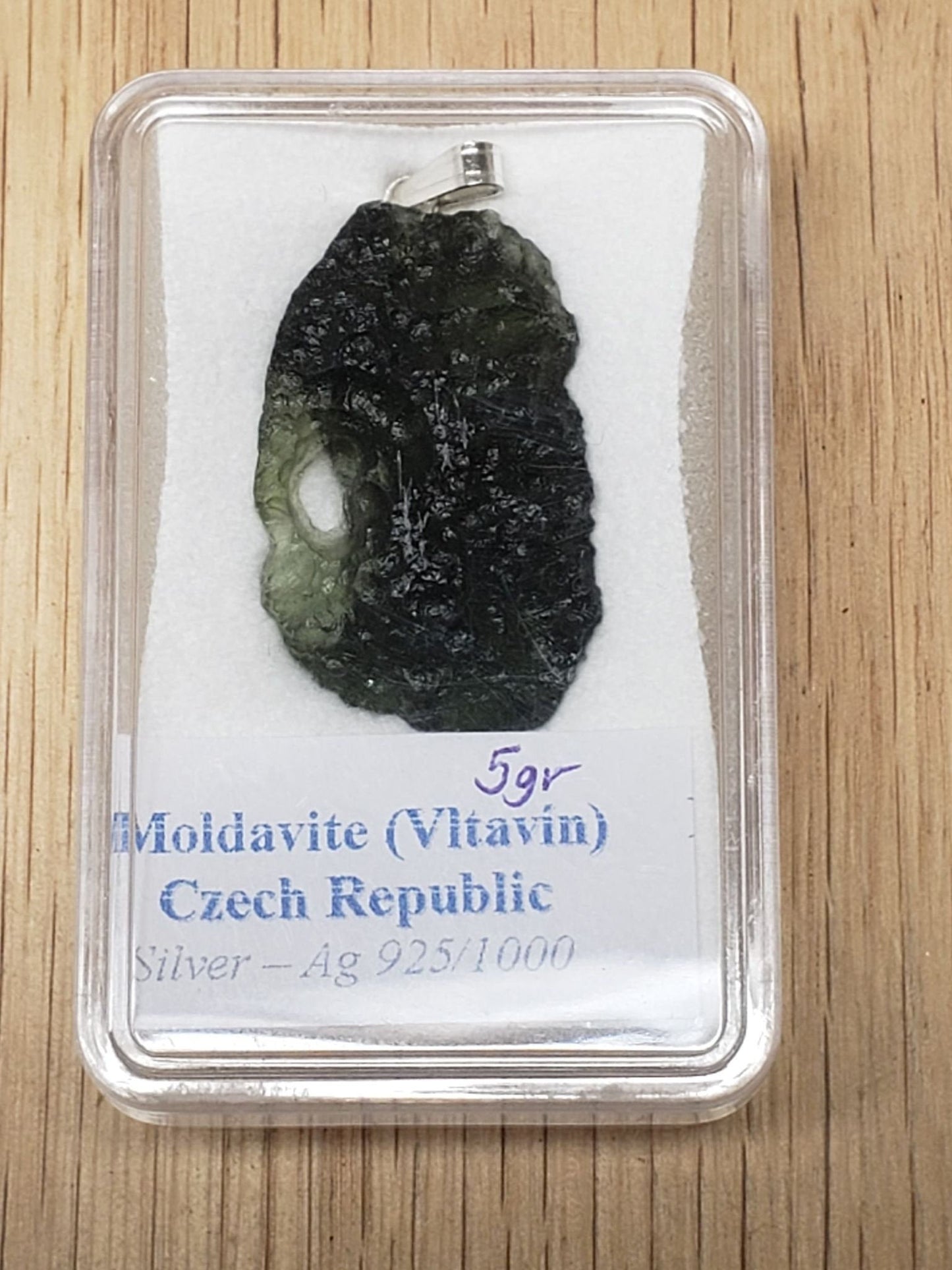 Naturally formed Moldavite from Czech Republic, (5 gr) One Crystal, Rough, with .925 silver bell MOL-0014