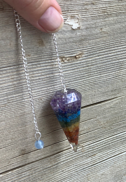 Chakra Rainbow Organite Pendulum 0946 (Crystals Imbedded in Resin)