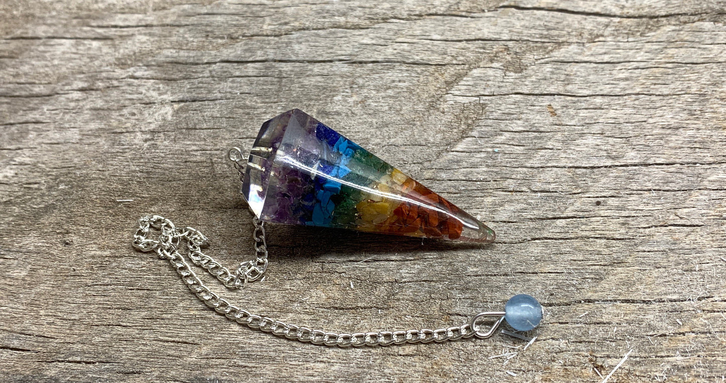 Chakra Rainbow Organite Pendulum 0946 (Crystals Imbedded in Resin)