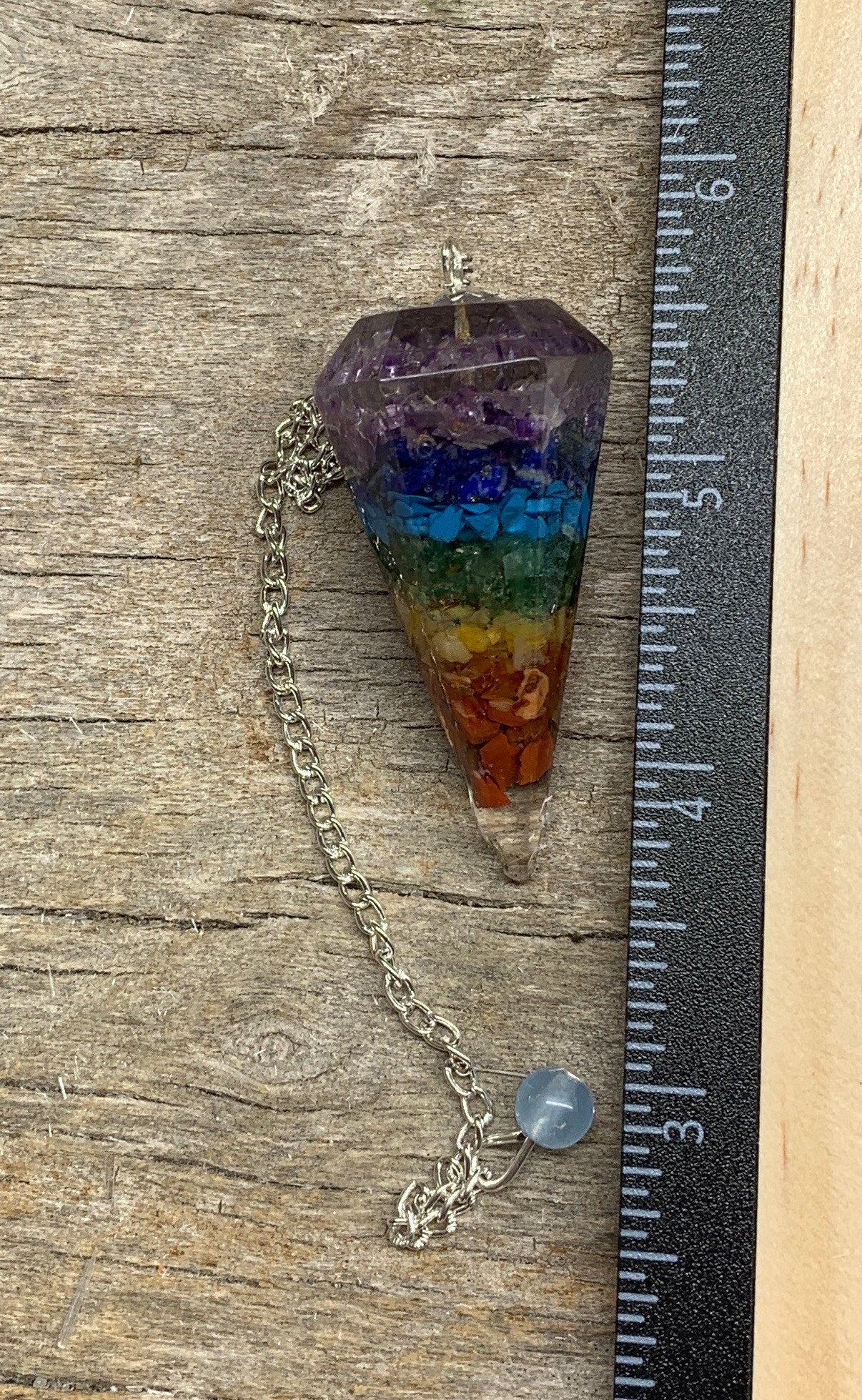 Chakra Rainbow Organite Pendulum 0946 (Crystals Imbedded in Resin)