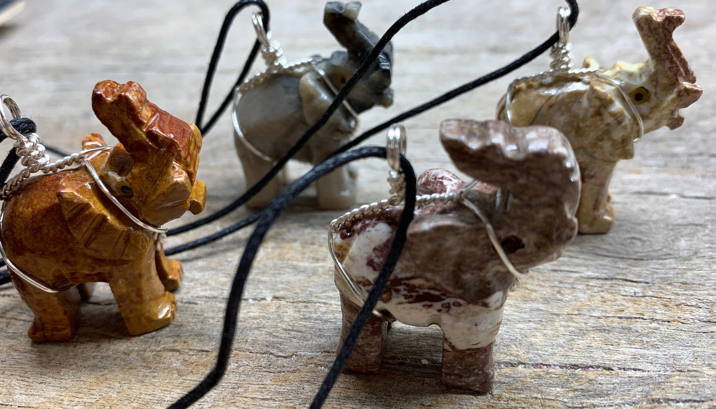 Elephant Carved Soapstone Wire Wrapped Necklace 1143 Handmade, Beautiful, Gift Item