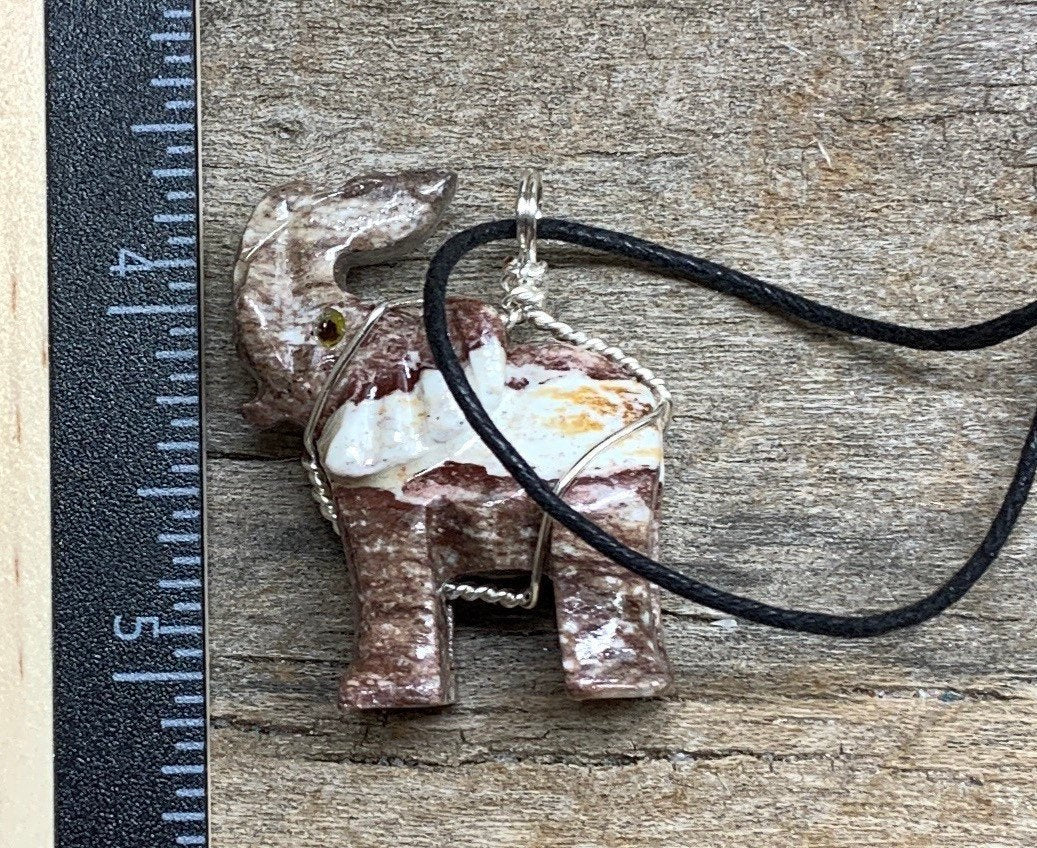 Elephant Carved Soapstone Wire Wrapped Necklace 1143 Handmade, Beautiful, Gift Item