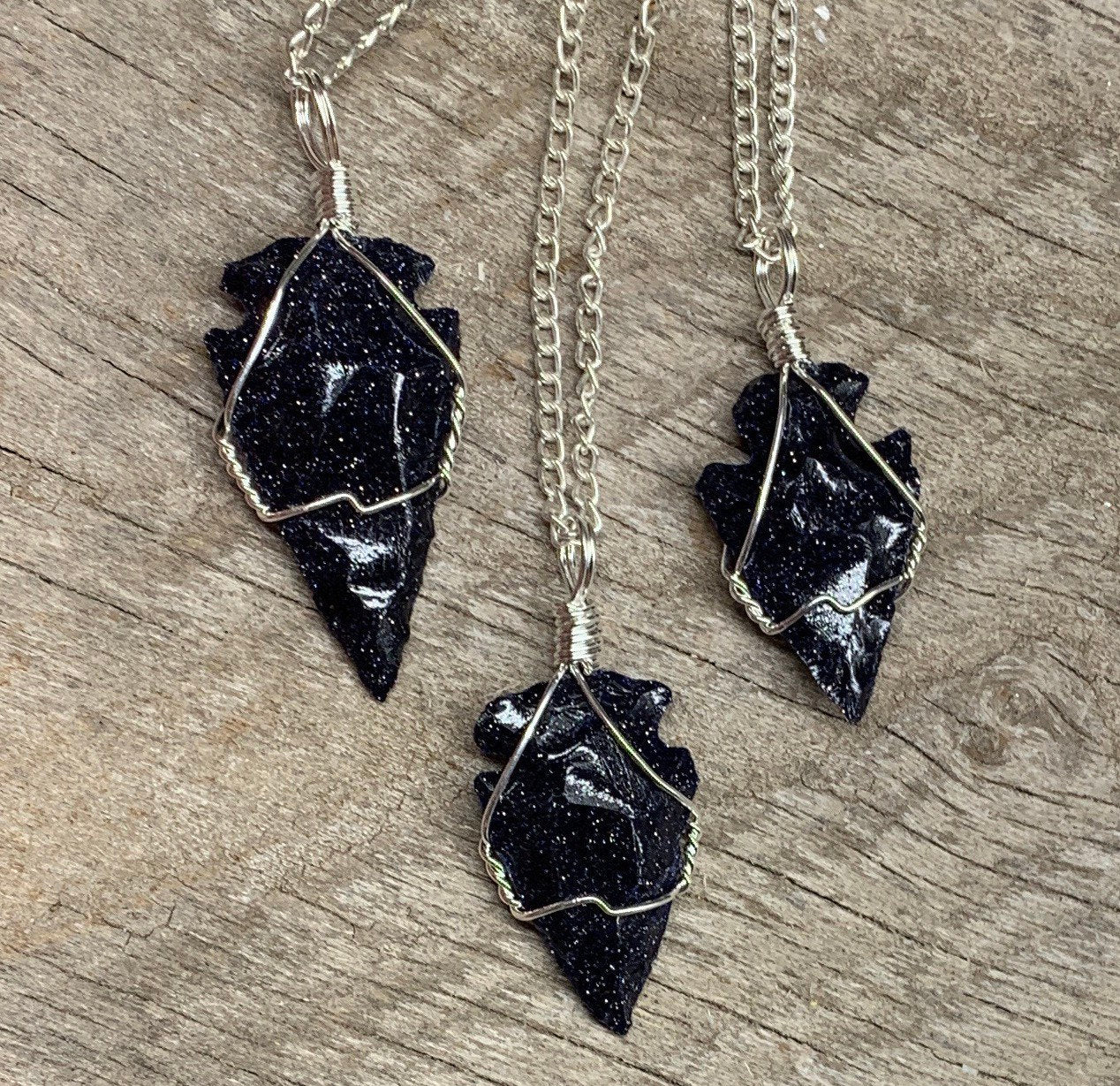 Blue Goldstone Knapped Arrowhead Wire Wrapped Necklace NCK-2377