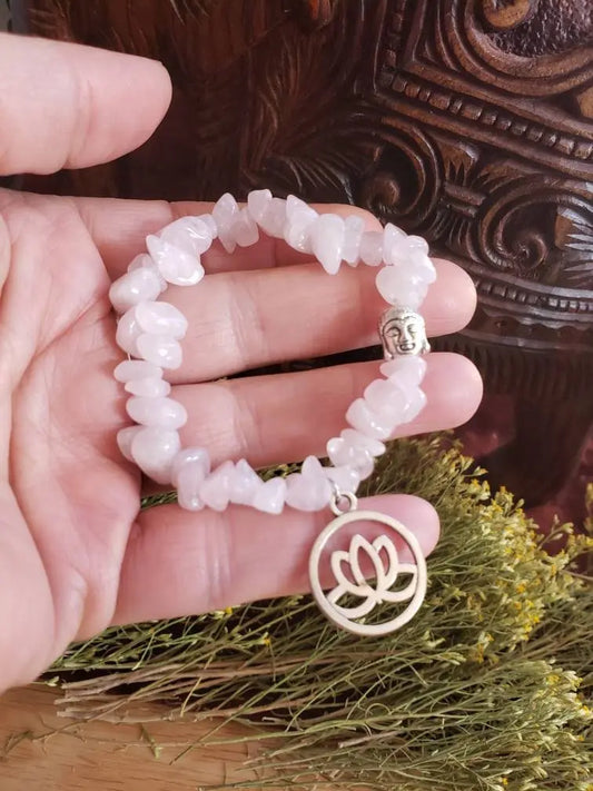 Lotus Flower-Buddha Rose Quartz Chip Bracelet BRC-0011 Shop Wholesale Crystals