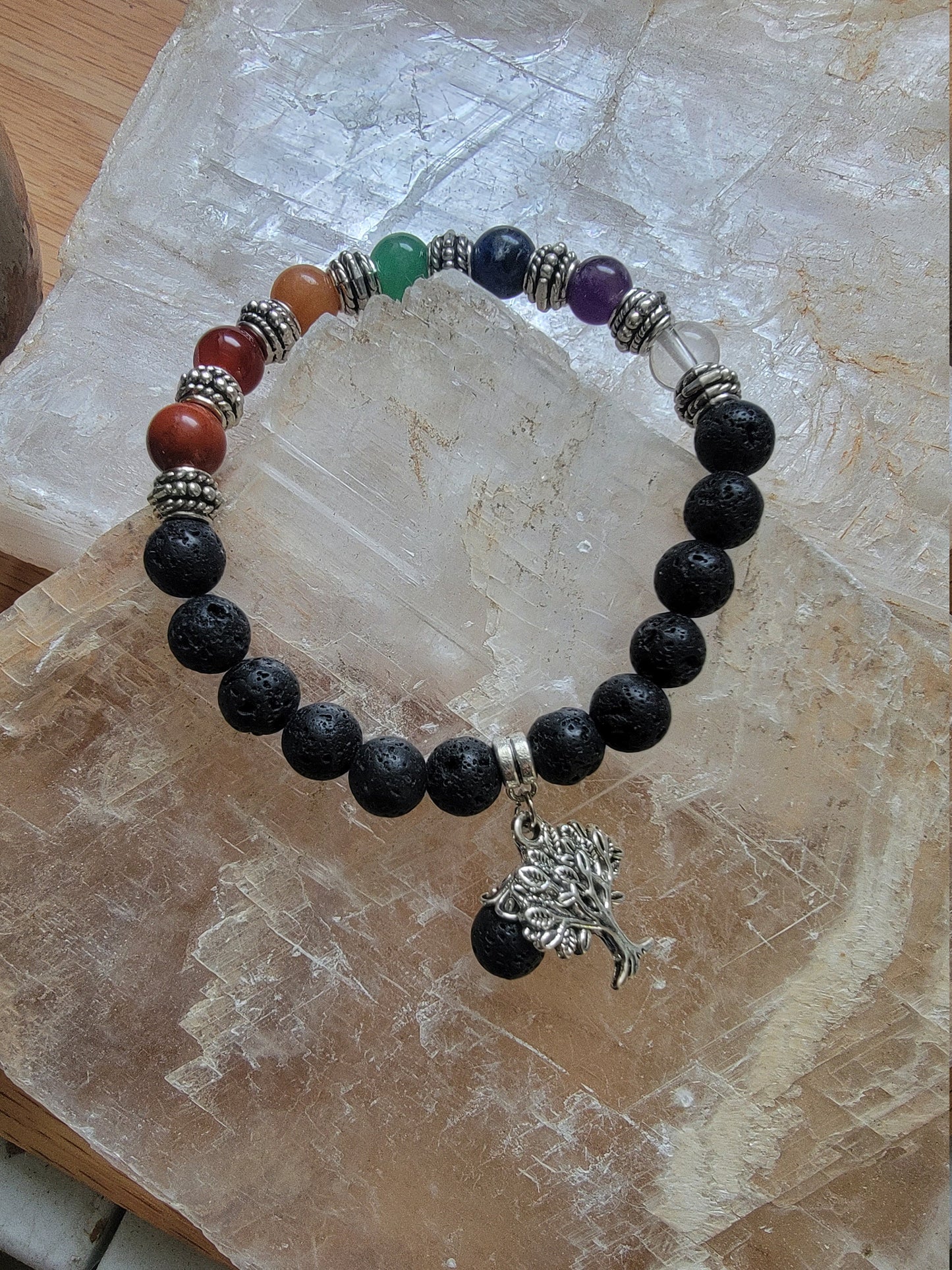 Ornate Chakra Bracelet with Lava Beads & Tree of Life Charm BRC-0190