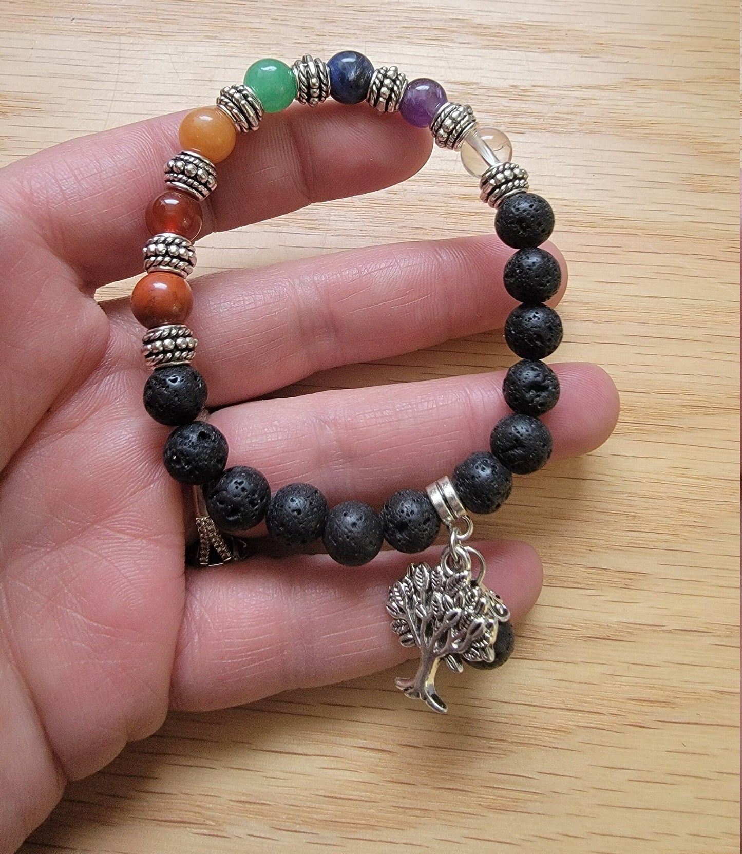 Ornate Chakra Bracelet with Lava Beads & Tree of Life Charm BRC-0190