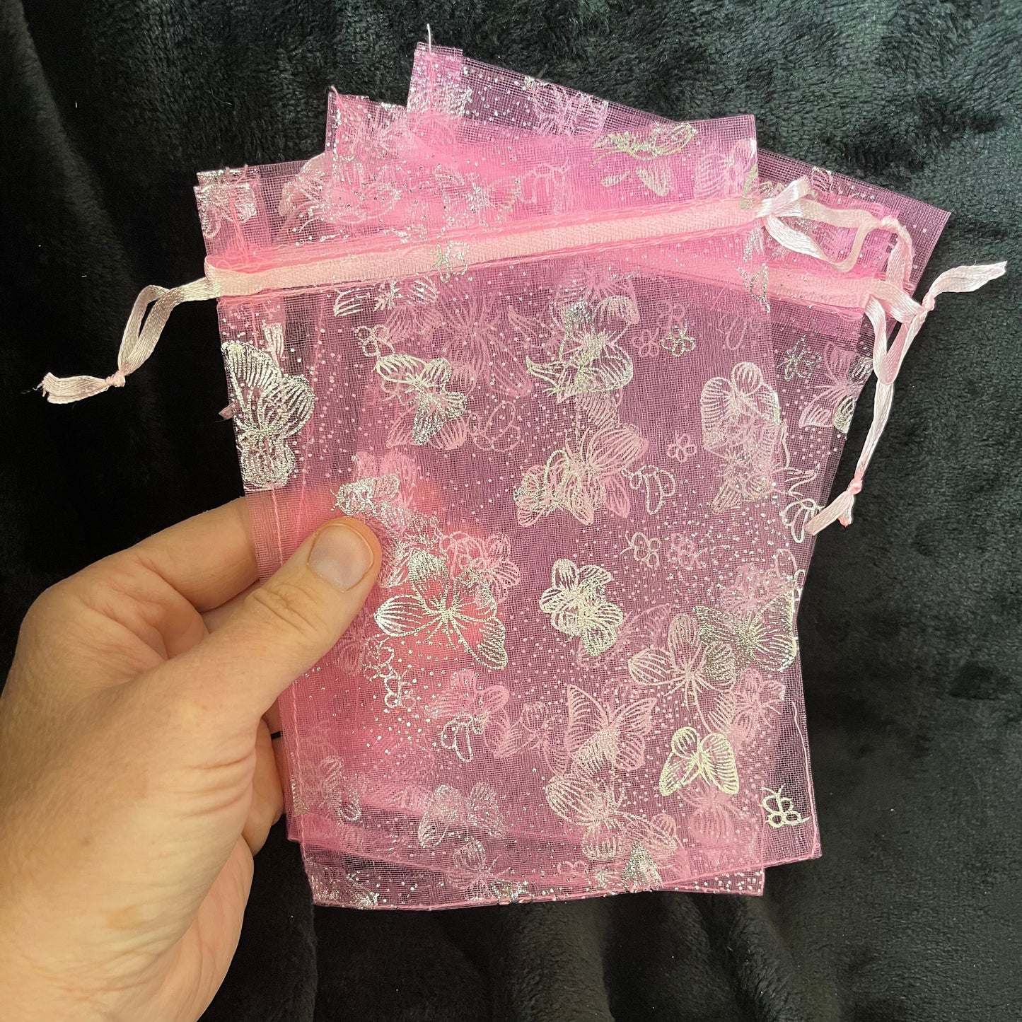 Pink Metallic Butterfly Organza Drawstring Bag (Approx. 5”X7”) BAG-0061