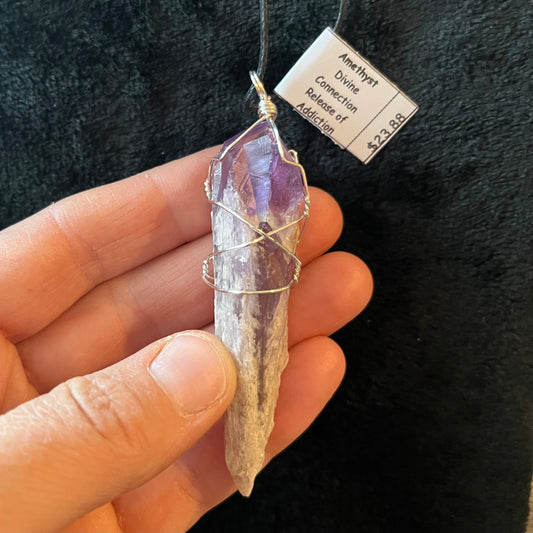 Amethyst Dragon’s Tooth Crystal Wire Wrapped Necklace WN-0136