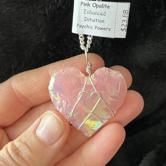 Angel Aura Knapped Pink Opalite Heart, Wire Wrapped Necklace WN-0024