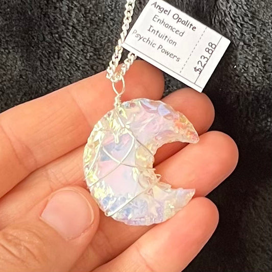 Angel Aura Opalite Knapped Moon Wire Wrapped Necklace WN-0137