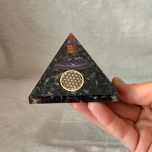 Black Obsidian Flower of Life Violet Flame Orgonite Pyramid WP-0006