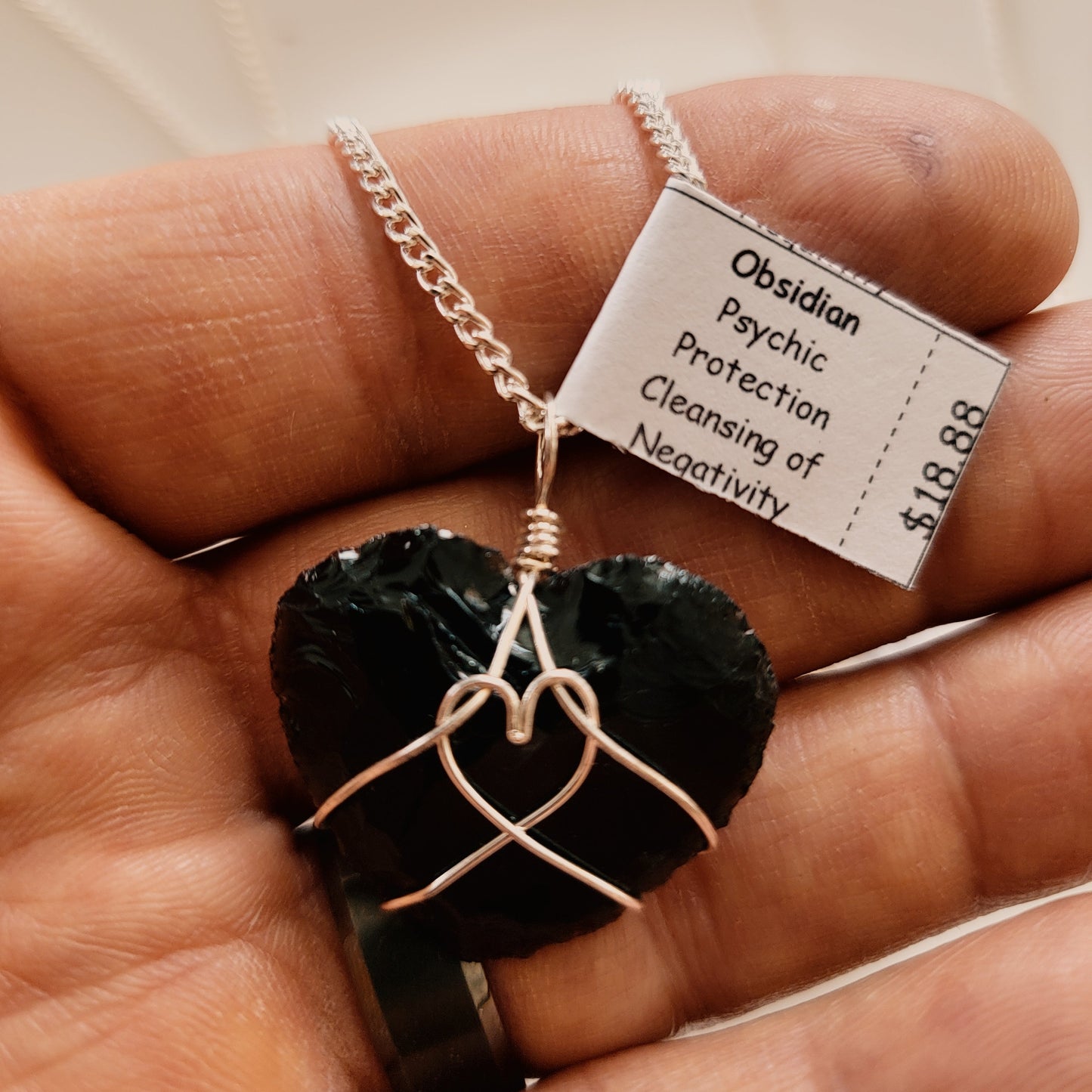 Black Obsidian Knapped Heart Wire Wrapped Necklace, Handmade WN-0009