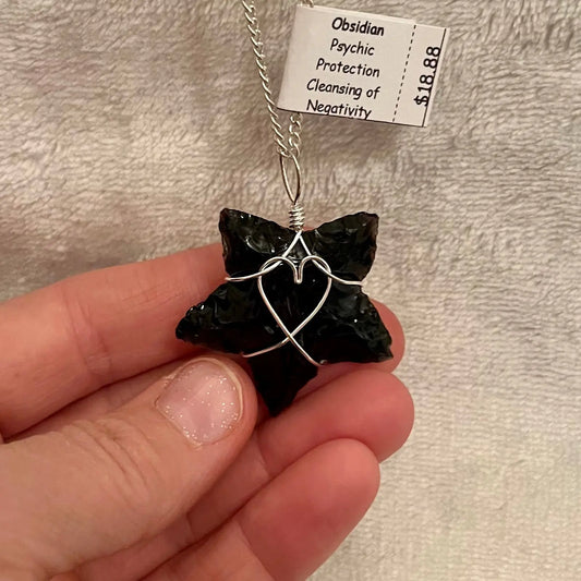 Black Obsidian Knapped Star with Wire Wrapped Heart Necklace WN-0159 - Shop Wholesale Crystals