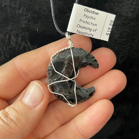 Black Obsidian Knapped Moon Wire Wrapped Necklace WN-0013 - Shop Wholesale Crystals