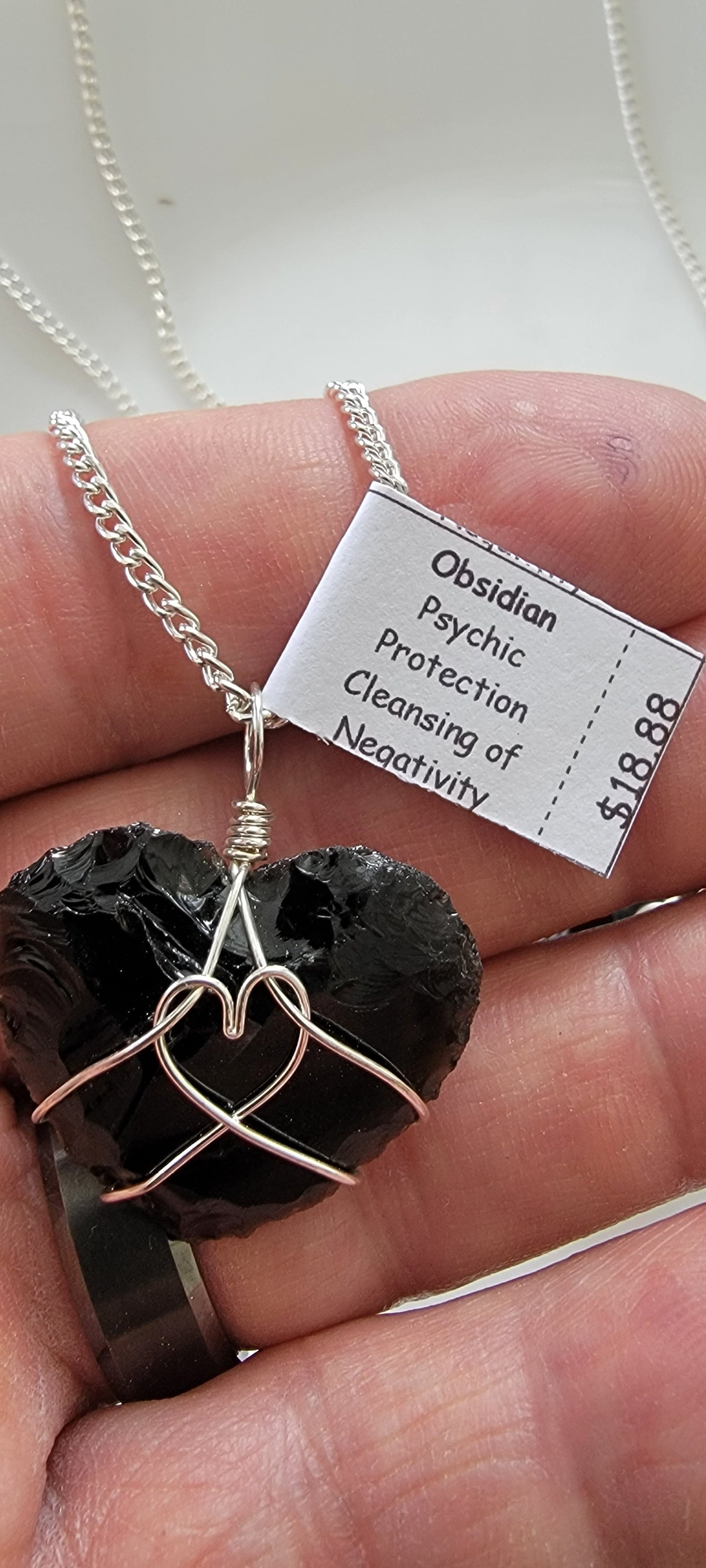 Black Obsidian Knapped Heart Wire Wrapped Necklace, Handmade WN-0009