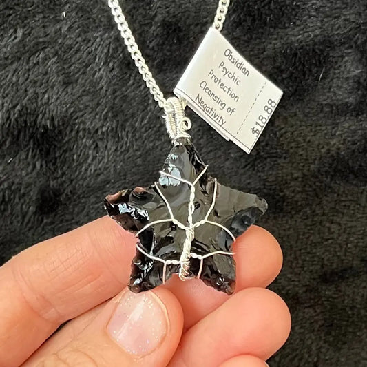 Black Obsidian Knapped Star, Tree of Life Wire Wrapped Necklace WN-0158 - Shop Wholesale Crystals