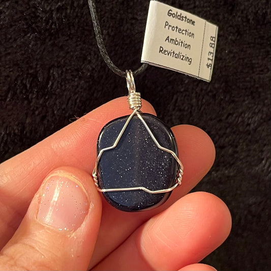 Blue Goldstone (Small Disk) Wire Wrapped Necklace WN-0177