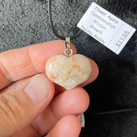 Flower Agate (Sakura Agate) Puffy Heart Necklace WN-0237