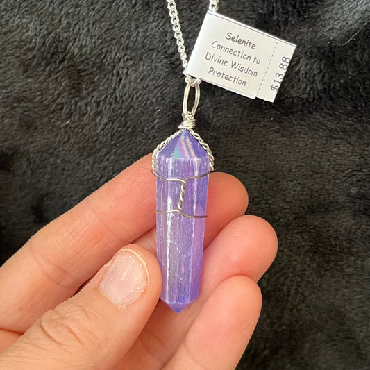 Indigo Aura Selenite Point Wire Wrapped Necklace WN-0138