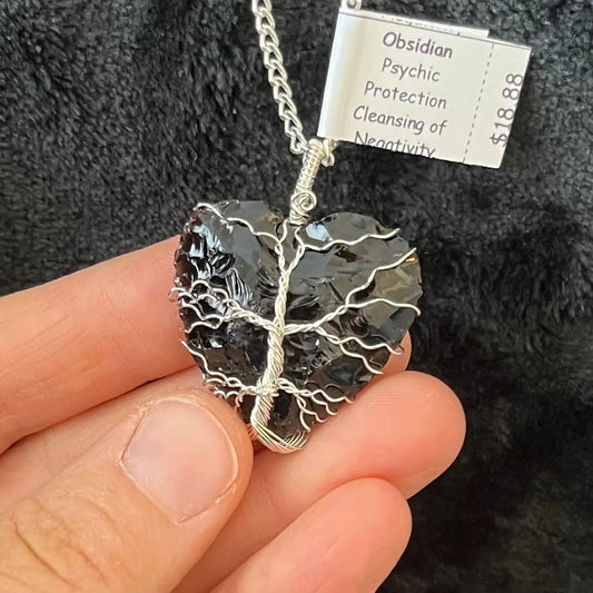 Obsidian Knapped Heart, Tree of Life Wire Wrapped Necklace WN-0098 Shop Wholesale Crystals