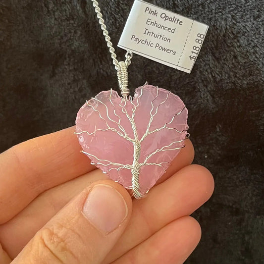 Pink Opalite Knapped Heart, Tree of Life Wire Wrapped Necklace WN-0082 - Shop Wholesale Crystals
