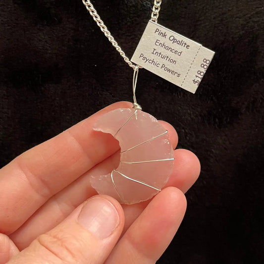 Pink Opalite Knapped Moon  Wire Wrapped Necklace WN-0095 - Shop Wholesale Crystals