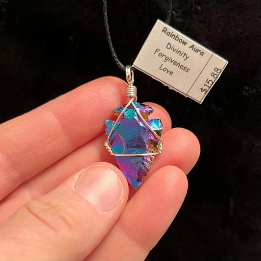 Rainbow Aura Obsidian Knapped Arrowhead WN-0109 Wire Wrapped Necklace - Shop Wholesale Crystals