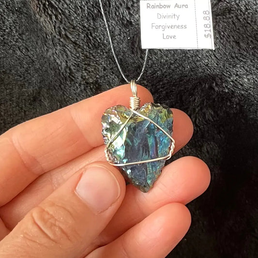 Rainbow Aura Obsidian Knapped Heart Wire Wrapped Necklace WN-0080 - Shop Wholesale Crystals