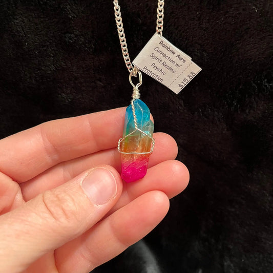 Rainbow Aura Quartz Point Wire Wrapped Necklace WN-0065 - Shop Wholesale Crystals