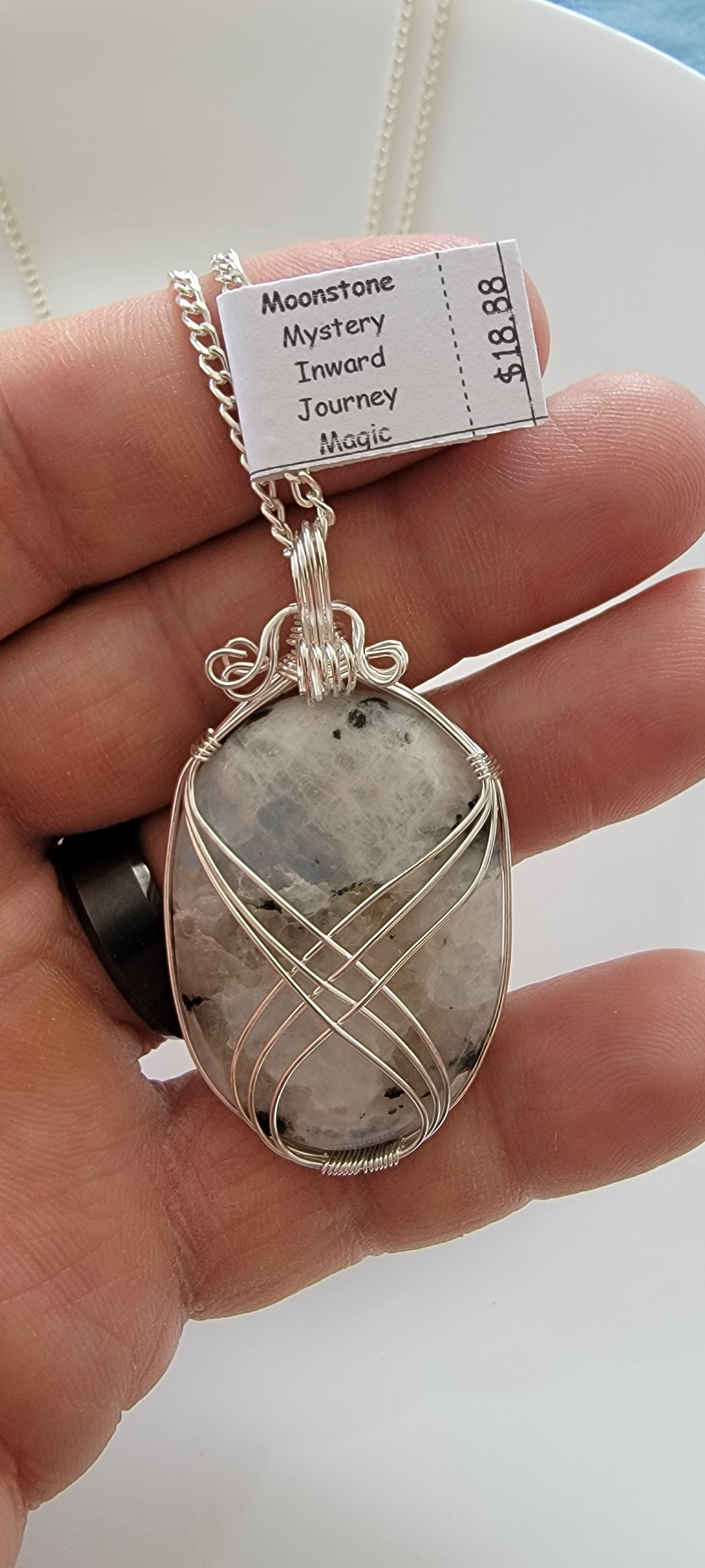 Rainbow Moonstone, Fancy Wrap, Hand Made, Wire Wrapped Necklace WN-0037