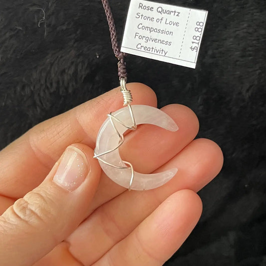 Rose Quartz Crescent Moon Wire Wrapped Necklace WN-0016 - Shop Wholesale Crystals