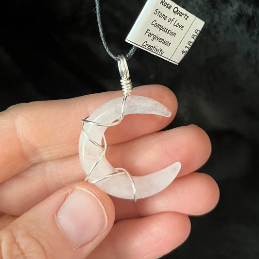 Rose Quartz Crescent Moon Wire Wrapped Necklace WN-0127 - Shop Wholesale Crystals