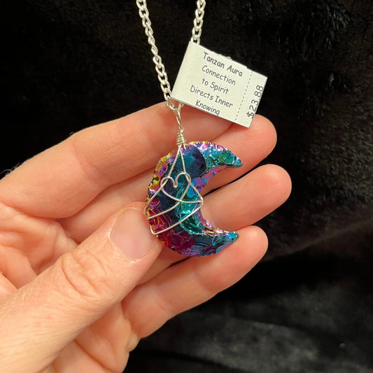 Tanzin Aura Obsidian Knapped Moon Wire Wrapped Necklace WN-0125 - Shop Wholesale Crystals