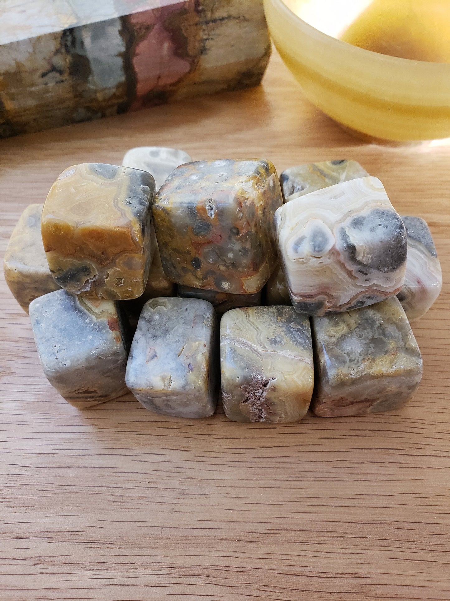 Yellow Crazy Lace Agate Cube, Tumbled, Polished (Approx. 3/4" - 1 1/4" Cube) Polished Stone BIN-1348