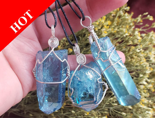 Aqua Aura Quartz, Sterling Silver, Wire Wrapped Necklace HOT ITEM, HOT-0004